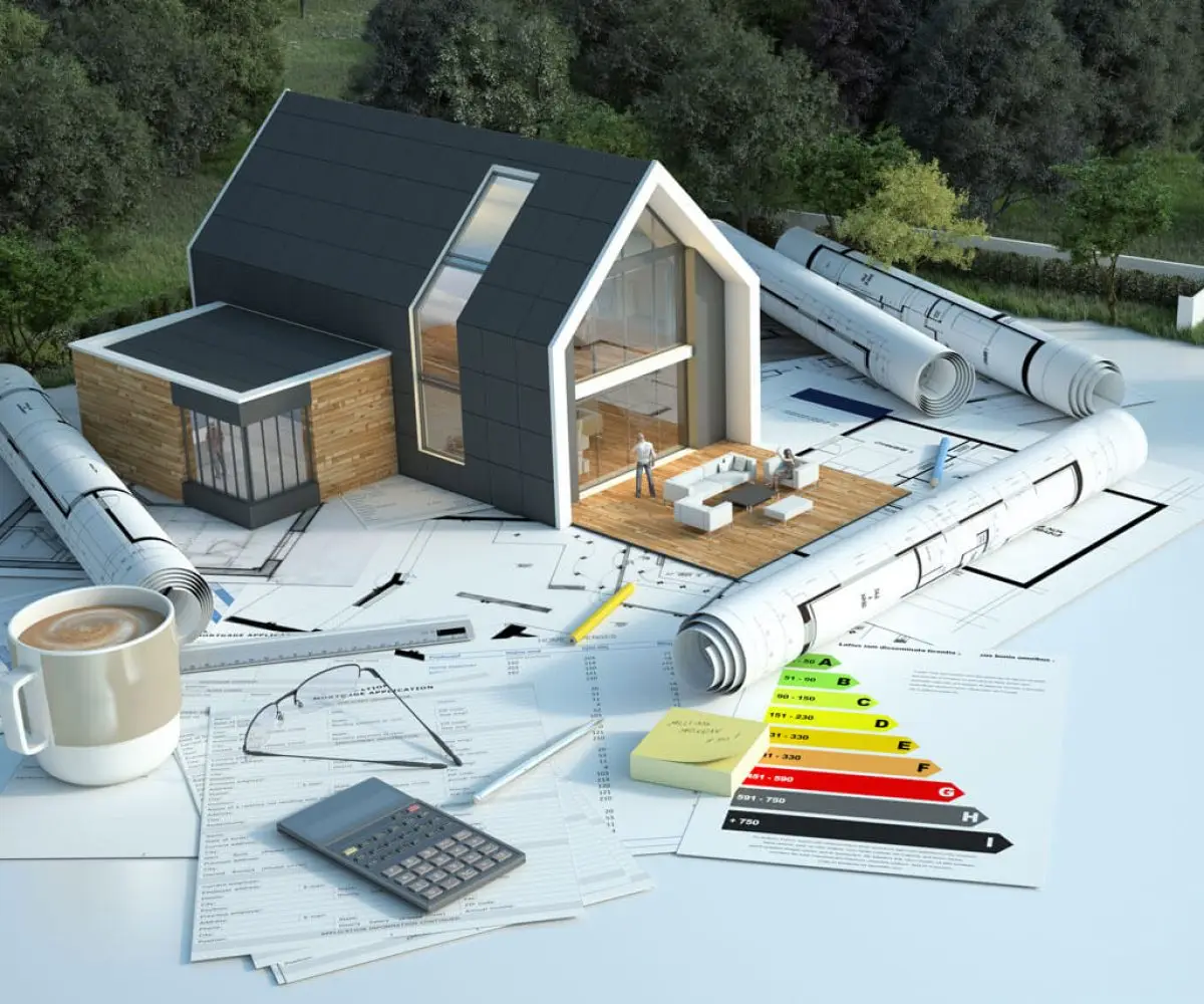 3d-rendering-house-with-blueprints-energy-charts-other-documents-field